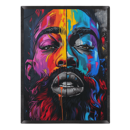 Colorful abstract painting of a face with a black frame