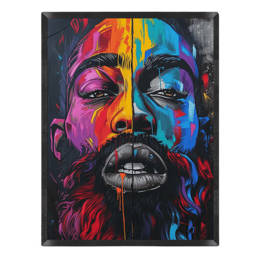 Colorful abstract painting of a face with a black frame