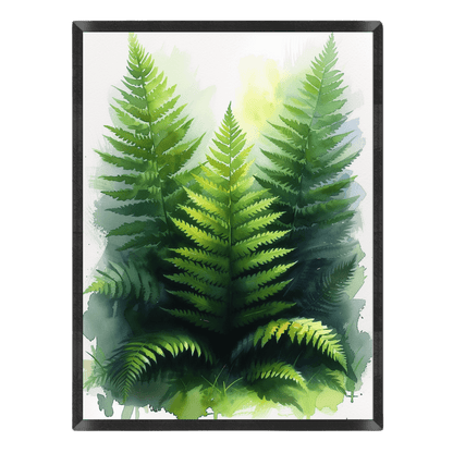 Framed artwork of green fern leaves on a white background