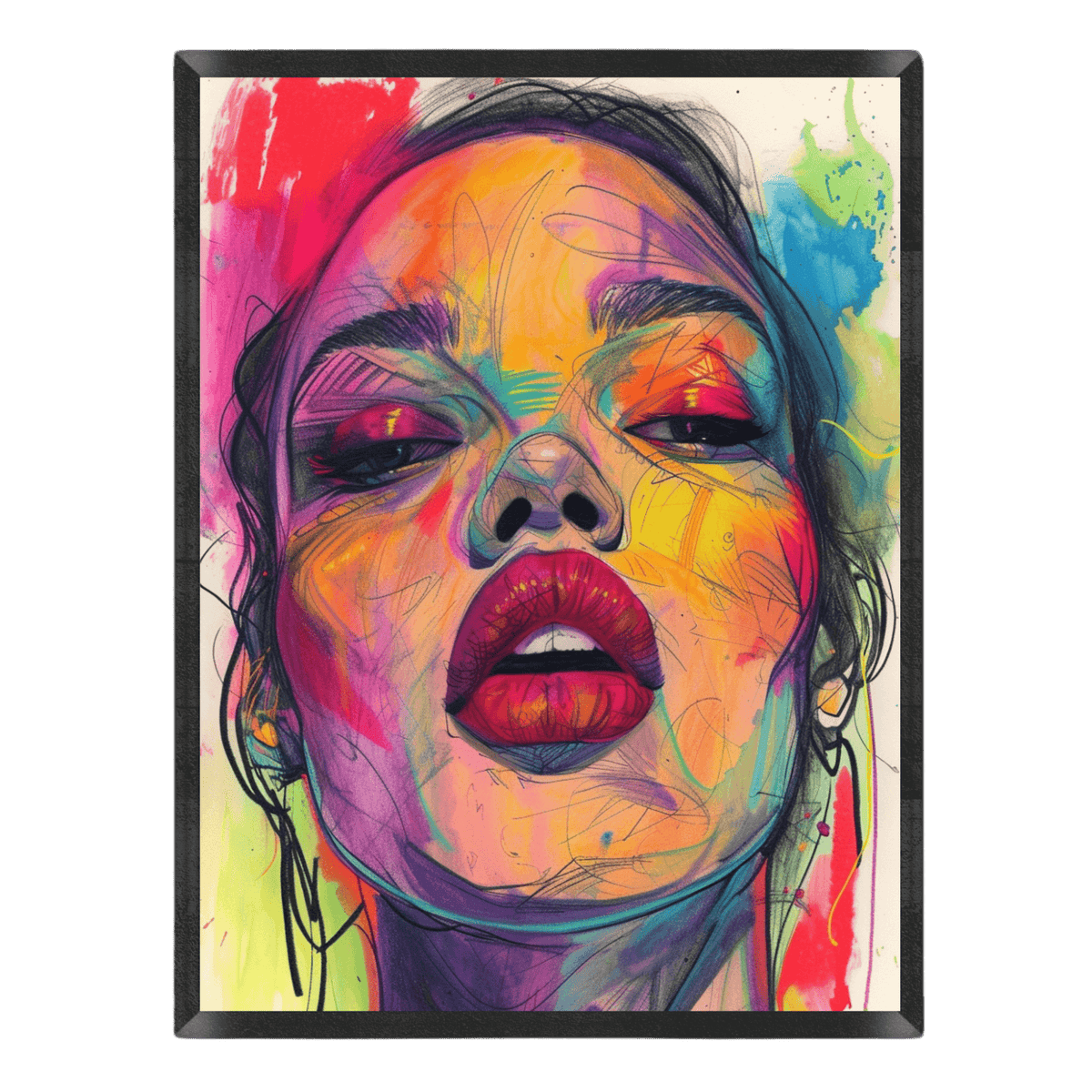 Colorful abstract art of a woman's face with a black frame.