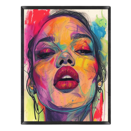 Colorful abstract art of a woman's face with a black frame.