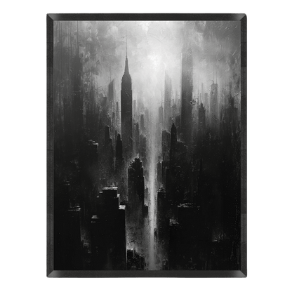Framed artwork of a cityscape with tall buildings, likely inspired by New York City, in black and white.
