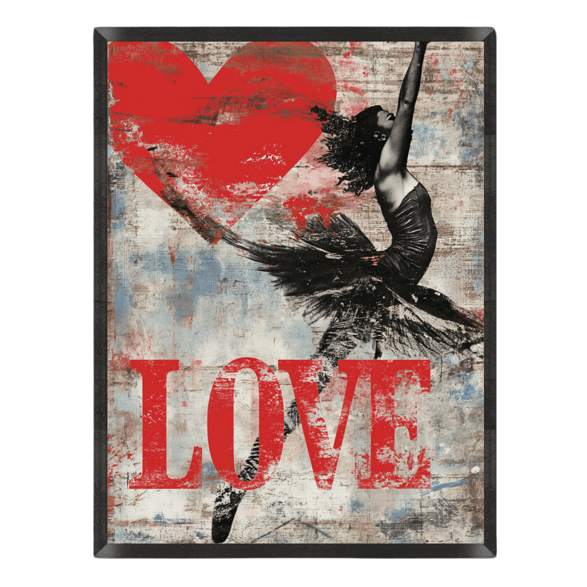Framed artwork with a dancer, red heart, and text LOVE on a textured background