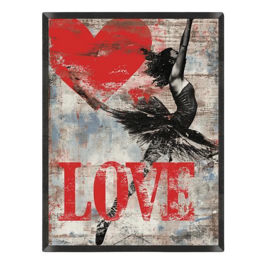 Framed artwork with a dancer, red heart, and text LOVE on a textured background
