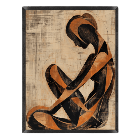 Abstract artwork of a seated figure with flowing lines on a textured background