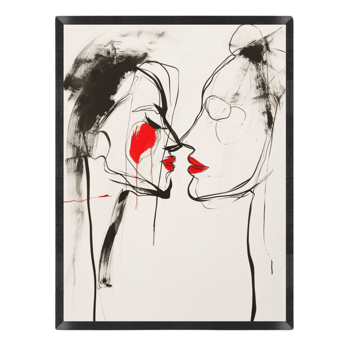 Abstract artwork of two faces with red lips on a white background