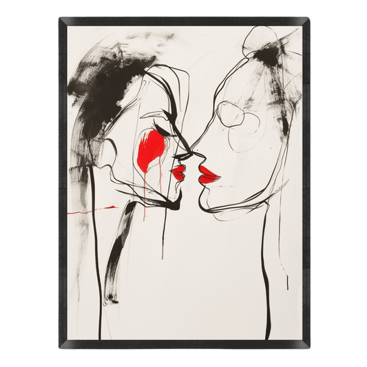 Abstract artwork of two faces with red lips on a white background