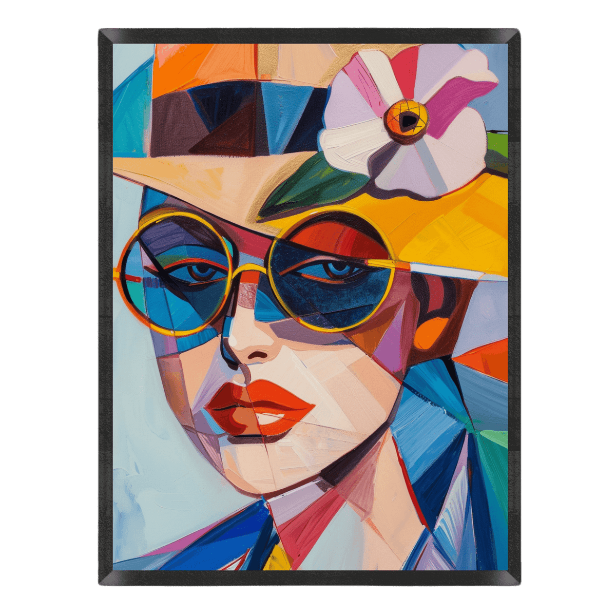 Colorful abstract art of a woman's face with sunglasses and a hat on a black background