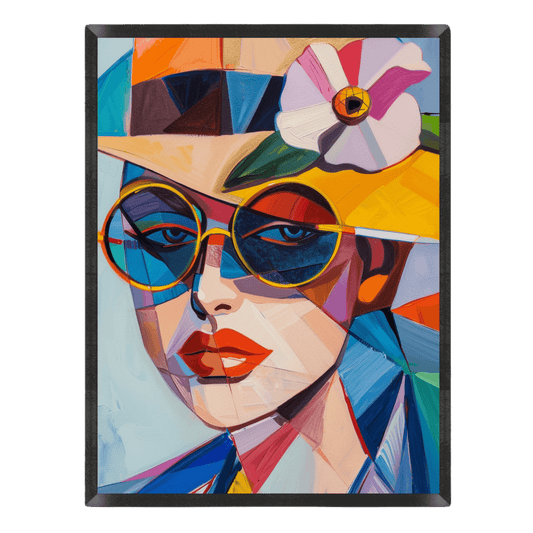 Colorful abstract art of a woman's face with sunglasses and a hat on a black background