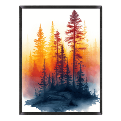 watercolor pine forest art print featuring silhouettes of tall evergreen trees set against a glowing warm orange, red, and yellow sunset sky with a dark indigo blue base, enclosed in a thin black frame