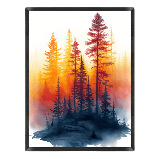 watercolor pine forest art print featuring silhouettes of tall evergreen trees set against a glowing warm orange, red, and yellow sunset sky with a dark indigo blue base, enclosed in a thin black frame