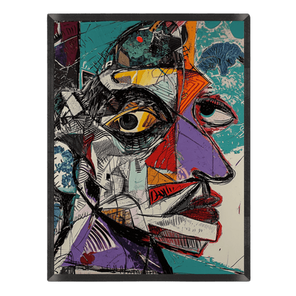 Abstract art piece with a stylized face and geometric shapes on a black background