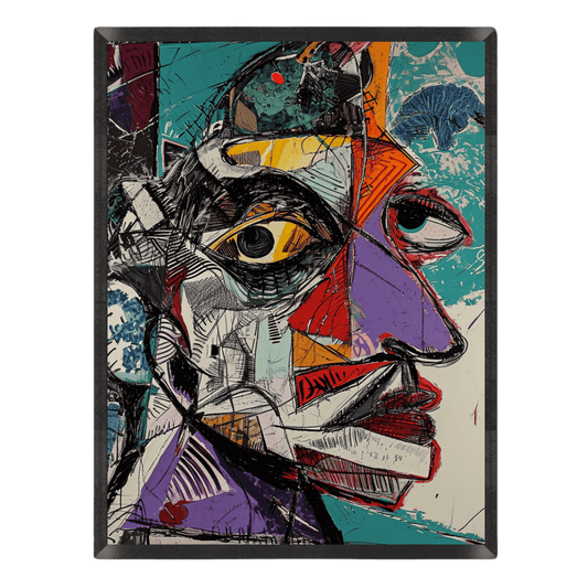 Abstract art piece with a stylized face and geometric shapes on a black background