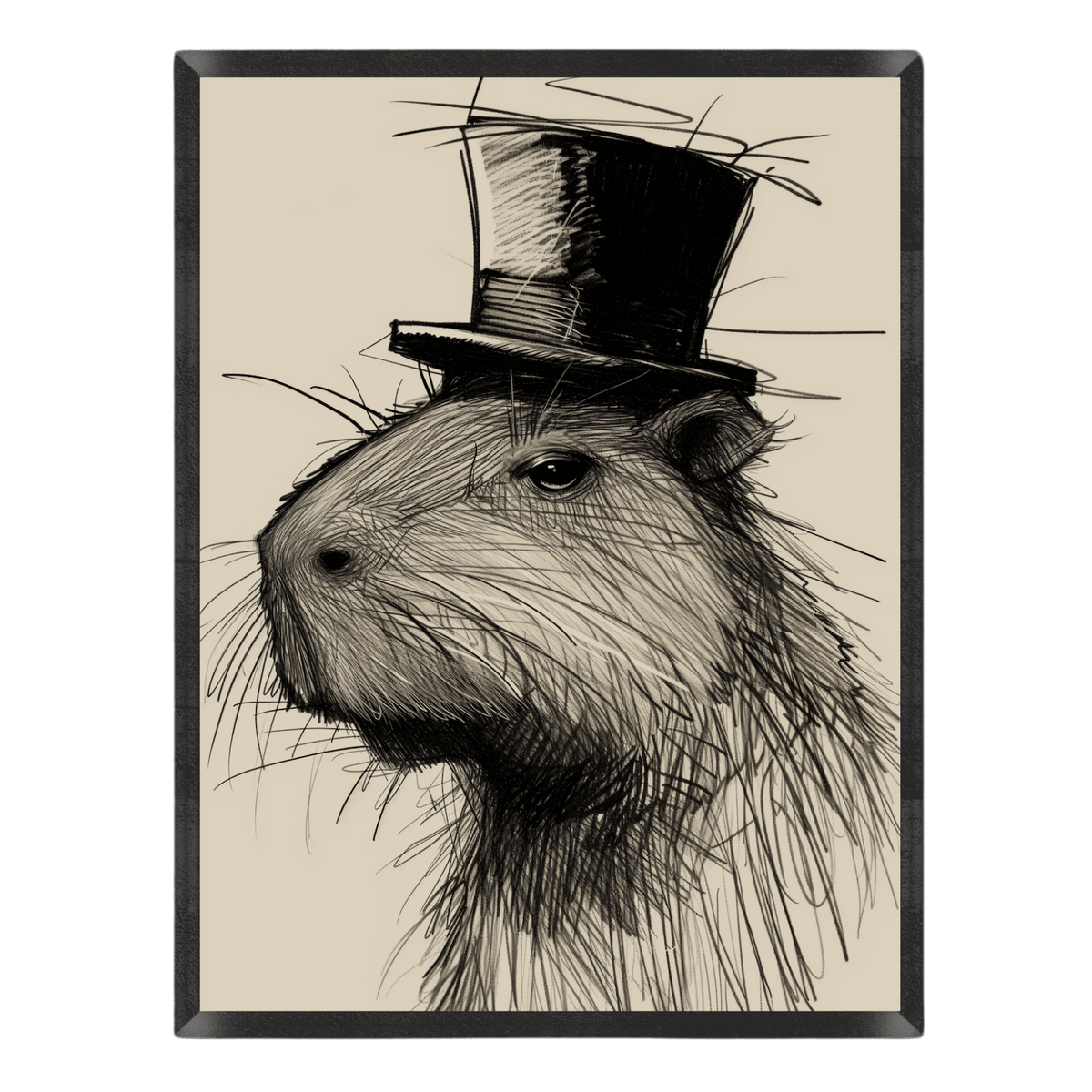 Illustration of a beaver wearing a top hat on a beige background