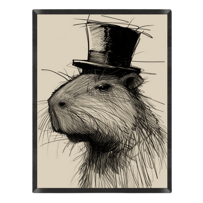 Illustration of a beaver wearing a top hat on a beige background