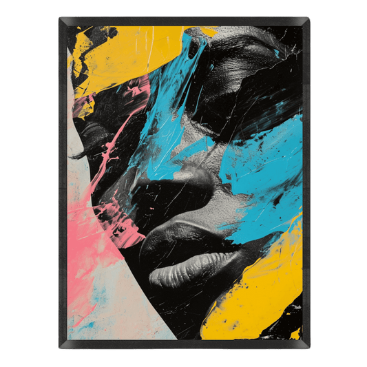 Abstract portrait wall art featuring a black-and-white close-up of a person's face layered with bold, textured paint strokes in bright yellow, vibrant turquoise, and pink.