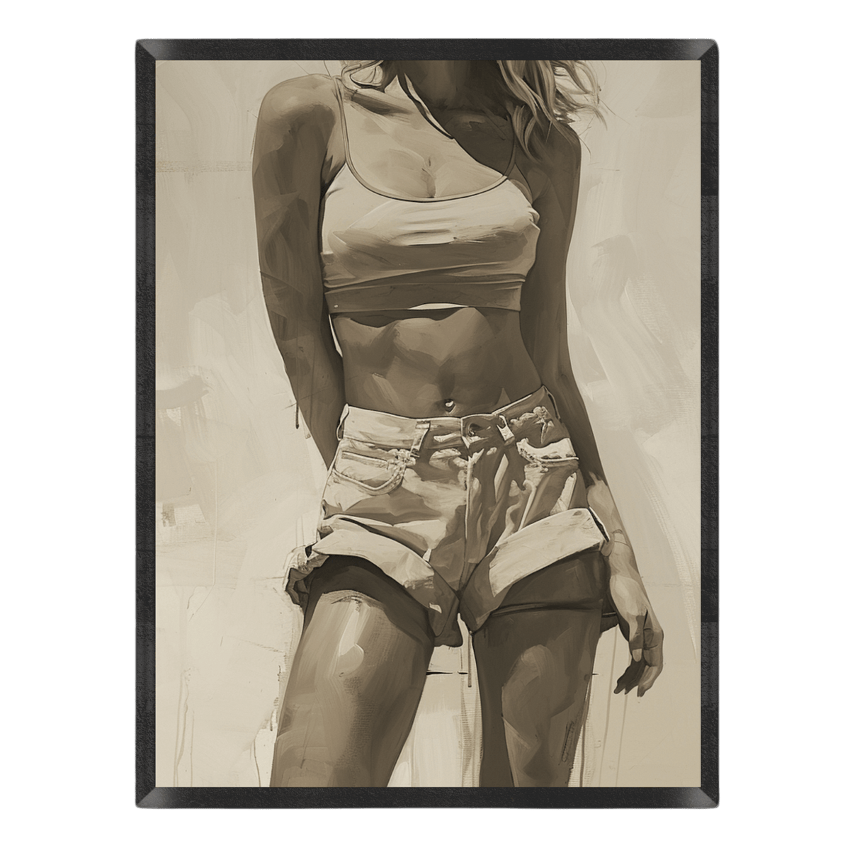 Sepia-toned illustration of a person wearing a tank top and shorts against a textured background