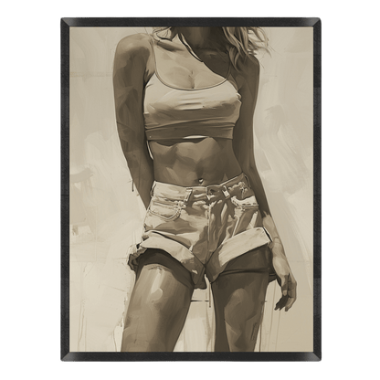 Sepia-toned illustration of a person wearing a tank top and shorts against a textured background