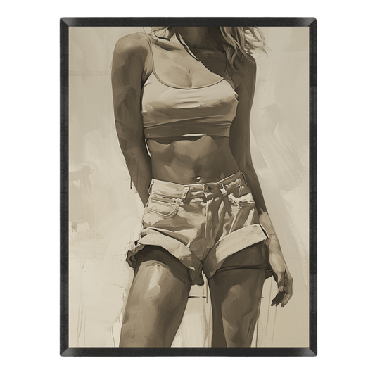 Sepia-toned illustration of a person wearing a tank top and shorts against a textured background