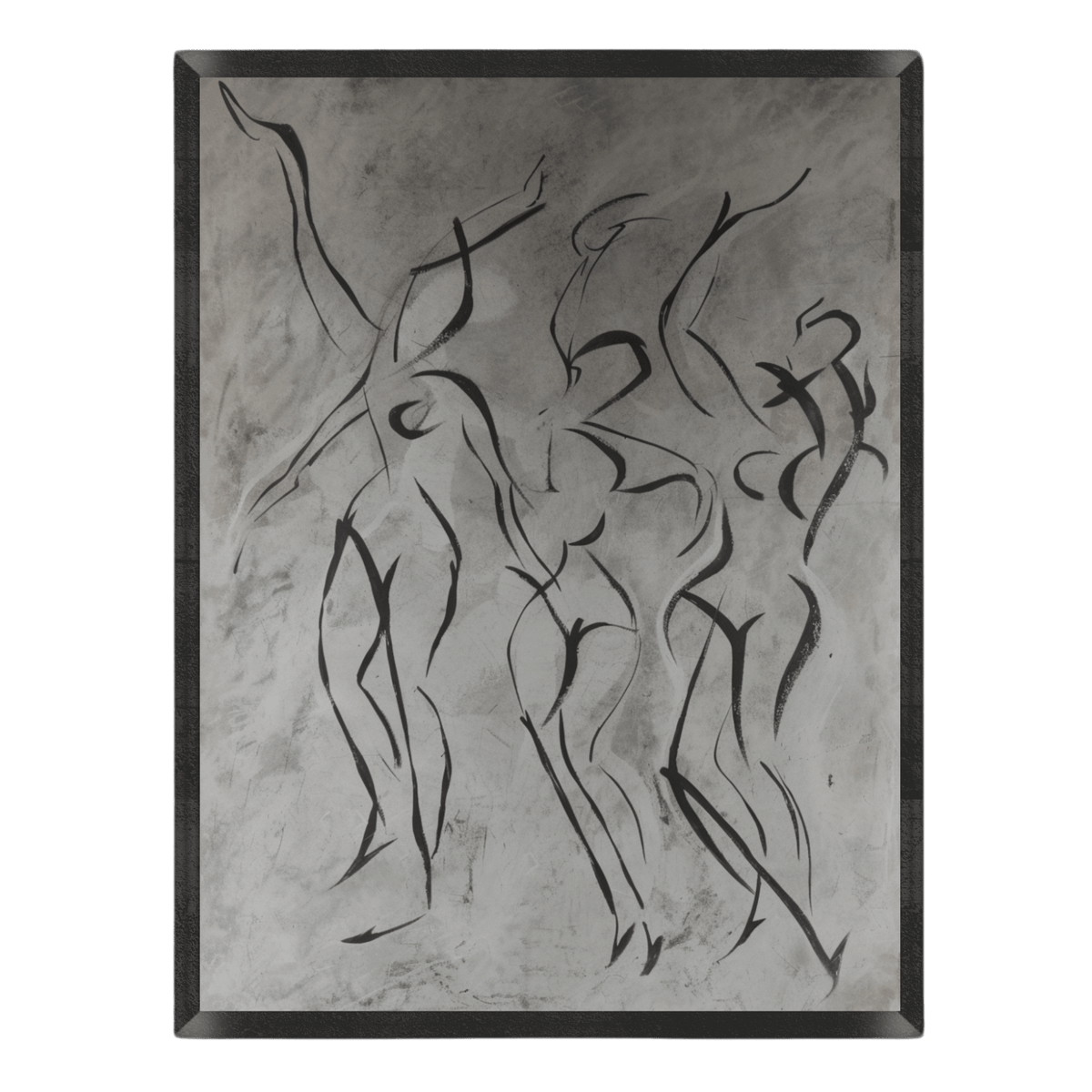 Abstract black line art of human figures on a textured gray background