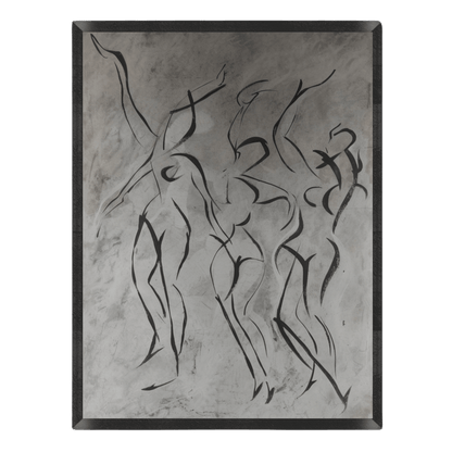 Abstract black line art of human figures on a textured gray background