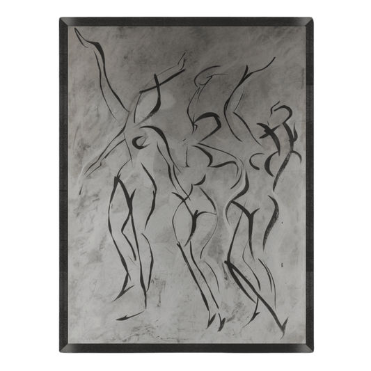 Abstract black line art of human figures on a textured gray background