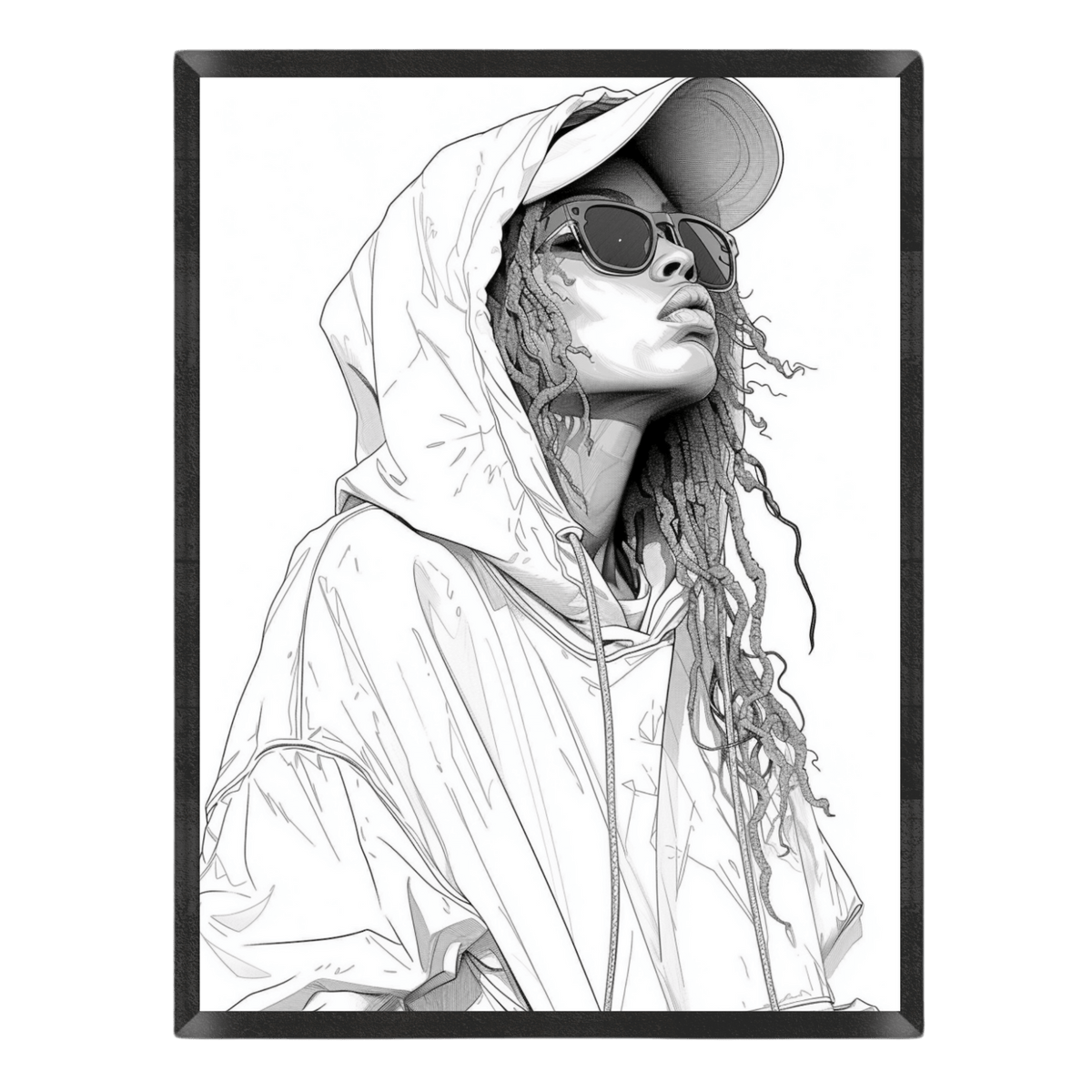 Black and white illustration of a person wearing a hooded jacket and sunglasses.