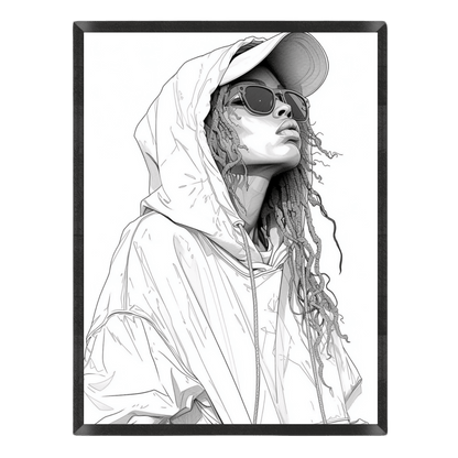 Black and white illustration of a person wearing a hooded jacket and sunglasses.