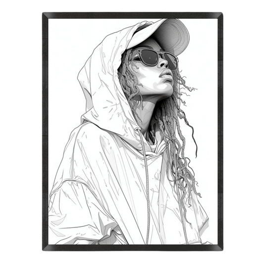 Black and white illustration of a person wearing a hooded jacket and sunglasses.