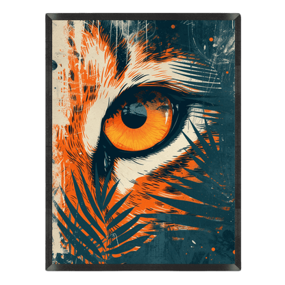 Framed artwork of a stylized tiger eye with orange and blue colors.