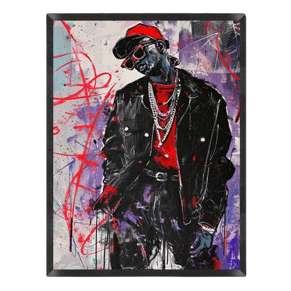 Artistic depiction of a person wearing a black leather jacket, red shirt, and red cap against a colorful abstract background.