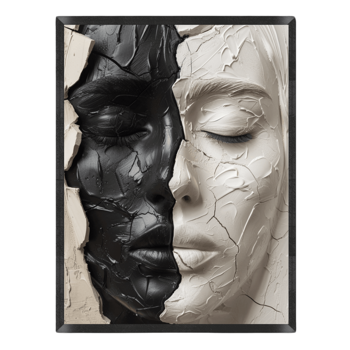 Abstract art piece of two faces, one black and one white, against a black background.