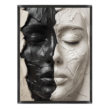 Abstract art piece of two faces, one black and one white, against a black background.
