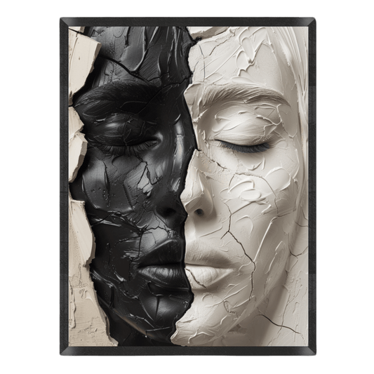 Abstract art piece of two faces, one black and one white, against a black background.