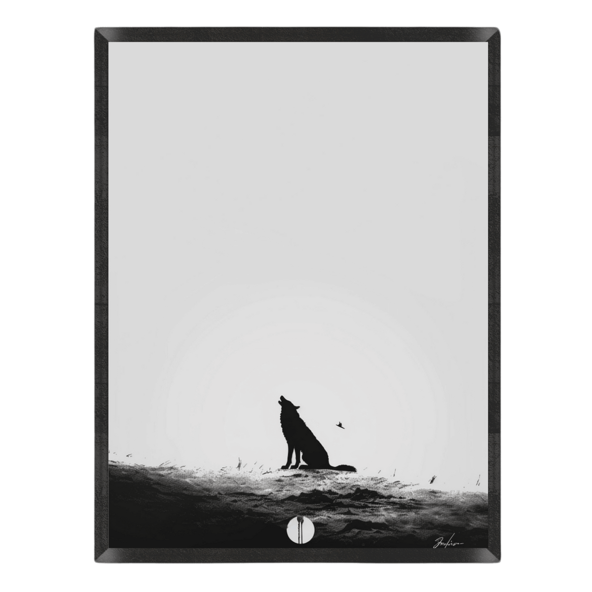 Framed black and white artwork of a wolf silhouette against a light background