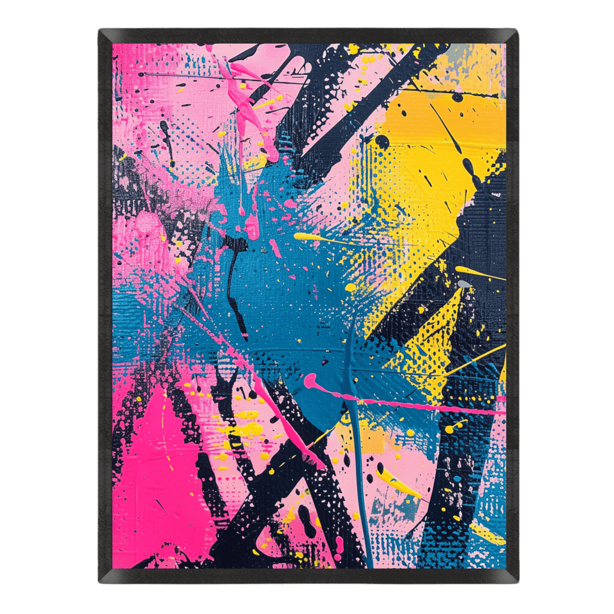 90s-inspired abstract graffiti art print featuring energetic paint splatters, canvas texture, and bold brushstrokes in vibrant bubblegum pink, teal blue, bright yellow, and dark navy, enclosed in a thin black frame