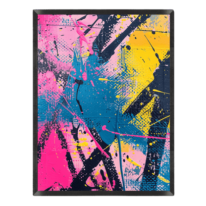 90s-inspired abstract graffiti art print featuring energetic paint splatters, canvas texture, and bold brushstrokes in vibrant bubblegum pink, teal blue, bright yellow, and dark navy, enclosed in a thin black frame