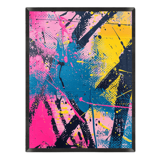 90s-inspired abstract graffiti art print featuring energetic paint splatters, canvas texture, and bold brushstrokes in vibrant bubblegum pink, teal blue, bright yellow, and dark navy, enclosed in a thin black frame