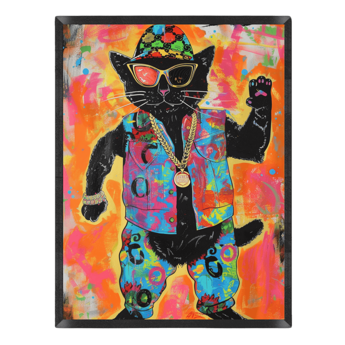 Colorful artwork of a black cat wearing sunglasses, a jacket, and pants on a vibrant background.