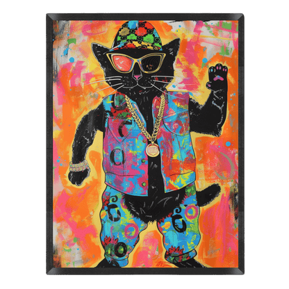 Colorful artwork of a black cat wearing sunglasses, a jacket, and pants on a vibrant background.
