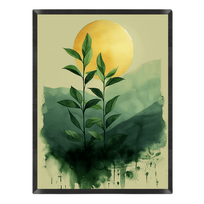 Artistic depiction of a plant with a large yellow sun in the background