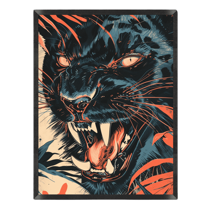 Framed artwork of a roaring panther with a black frame.