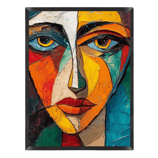 Colorful abstract art of a face with a black frame