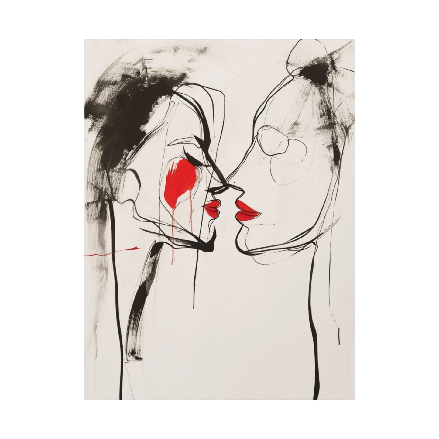 Red Kiss Line Art Printed Poster