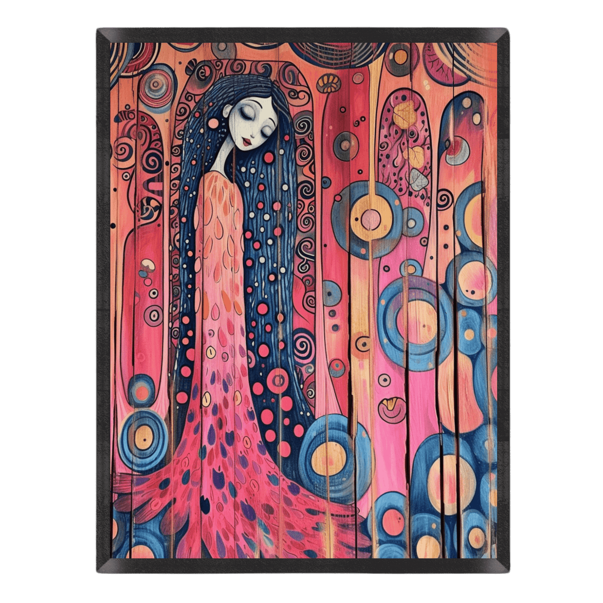 Framed artwork of a stylized woman with long dark hair and a pink dress against a colorful abstract background.
