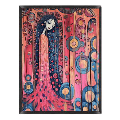 Framed artwork of a stylized woman with long dark hair and a pink dress against a colorful abstract background.
