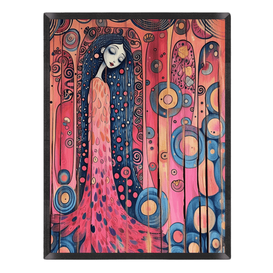 Framed artwork of a stylized woman with long dark hair and a pink dress against a colorful abstract background.