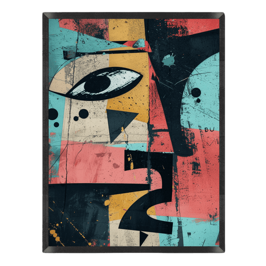 Abstract art print with geometric shapes and a prominent eye on a black background