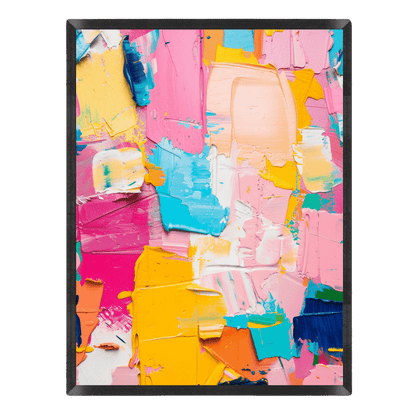 Abstract art print with colorful abstract design in a black frame.