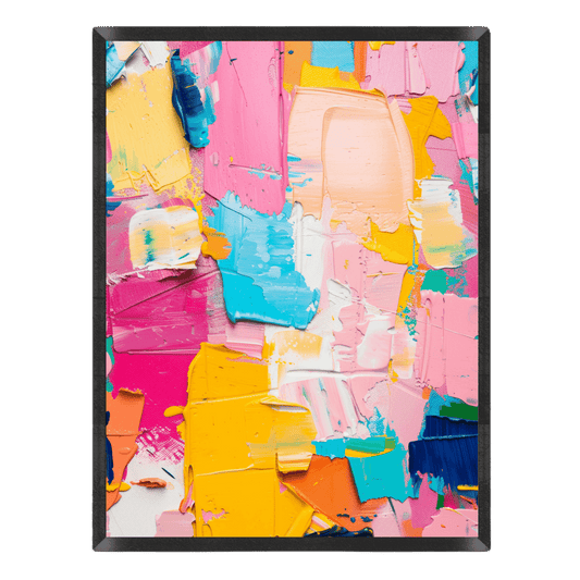 Abstract art print with colorful abstract design in a black frame.